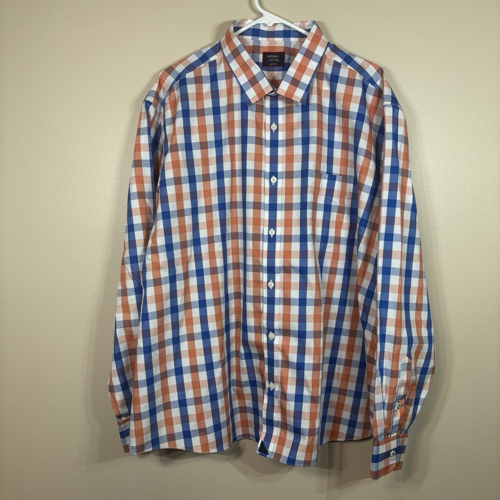 UNTUCKit Mens XXXL Gingham Button Down Shirt Orange Blue Cotton Winkle Free